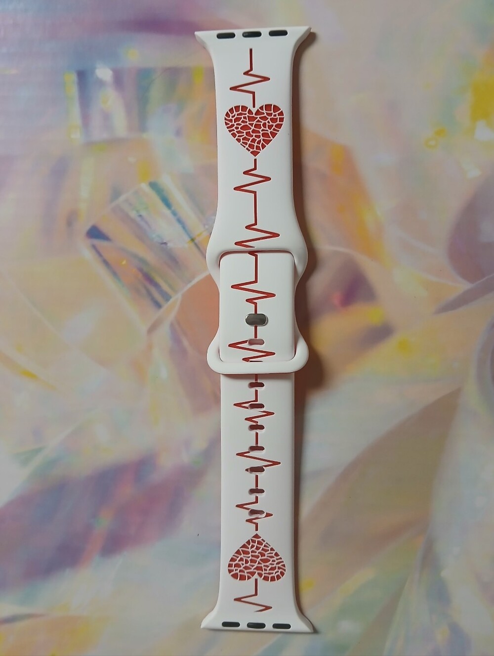 Apple White Silicone Watch Band with Red Heartbeat Design